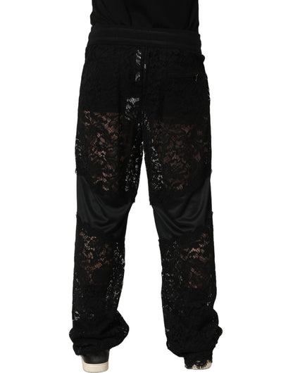Dolce & Gabbana Black Lace Mid Waist Jogger Men Trouser Pants
