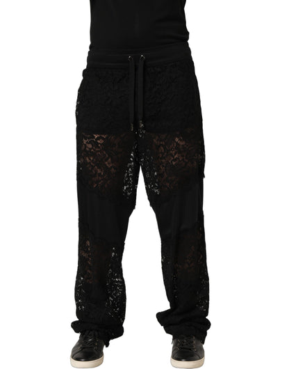 Dolce & Gabbana Black Lace Mid Waist Jogger Men Trouser Pants