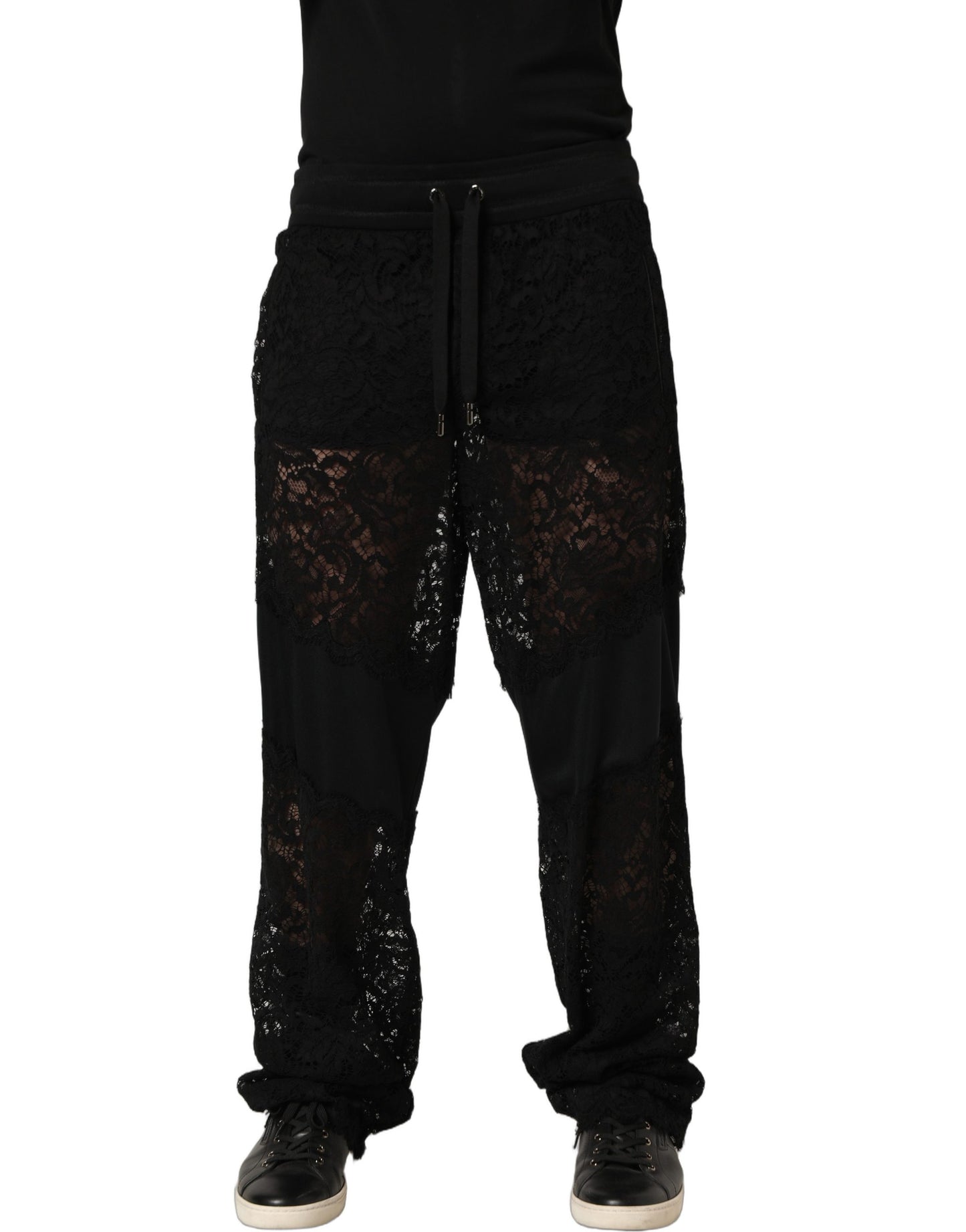 Dolce & Gabbana Black Lace Mid Waist Jogger Men Trouser Pants