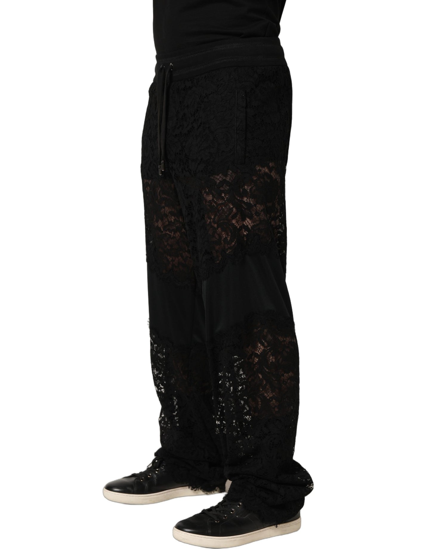 Dolce & Gabbana Black Lace Mid Waist Jogger Men Trouser Pants
