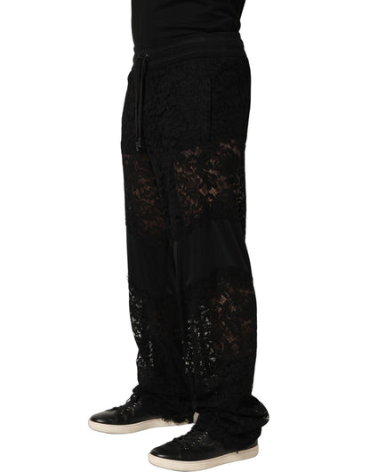 Dolce & Gabbana Black Lace Mid Waist Jogger Men Trouser Pants