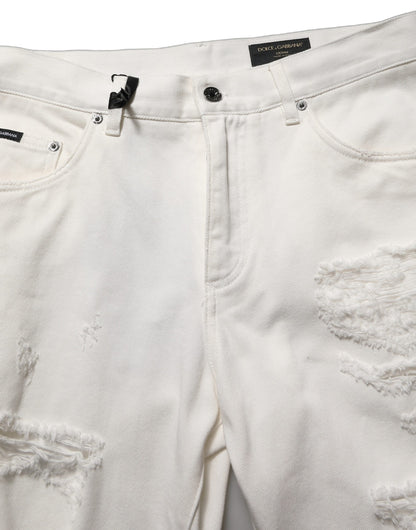 Dolce & Gabbana White Cotton Distressed Straight Denim Jeans