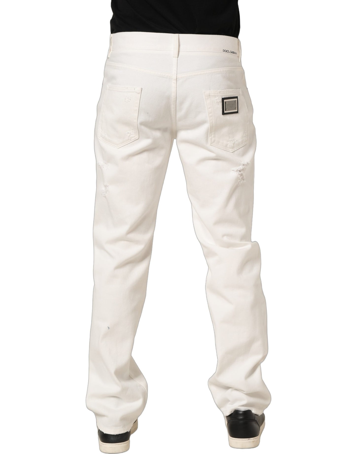 Dolce & Gabbana White Cotton Distressed Straight Denim Jeans