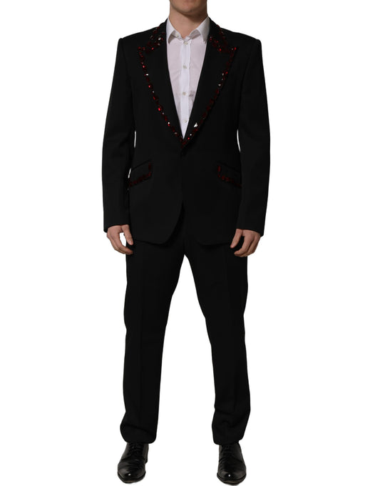 Pant Suit by Dolce & Gabbana for men in virgin wool viscose polyester & crystal black presents a sharp silhouette, artfully finished with a sharp wrap single-breasted neckline and a sophisticated slim for a truly sharp look.