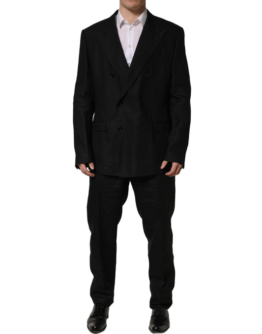 This Pant Suit by Dolce & Gabbana for men in linen silk & viscose black presents a discerning silhouette, featuring a sophisticated wrap double-breasted neckline and a discerning slim for a refined and polished look.