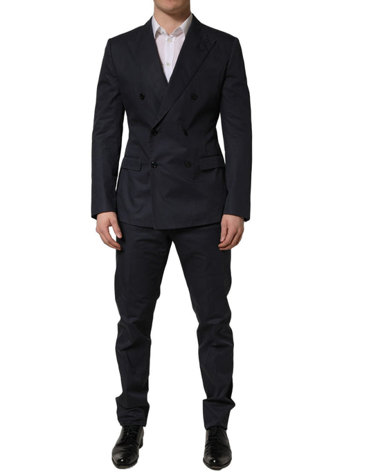 Pant Suit by Dolce & Gabbana for men in silk cotton & viscose dark-blue presents a sharp silhouette, artfully finished with a sharp double-breasted neckline and a sophisticated slim for a truly sharp look.