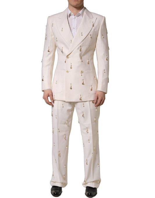 This Pant Suit by Dolce & Gabbana for men in viscose & virgin wool white presents a discerning silhouette, featuring a sophisticated wrap double-breasted neckline and a discerning slim for a refined and polished look.