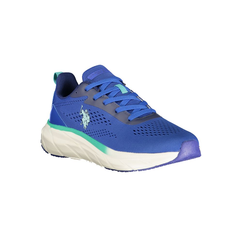 Athletic Sneakers by U.S. POLO ASSN. for men in polyester & polyurethane blue, green & white showcases a architectural silhouette, artfully capturing the essence of the Men's Athletic Polyester & Polyurethane Sneakers with its signature architectural athletic style construction.