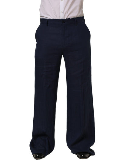 Dolce & Gabbana Blue Linen Straight Men Dress Trouser Pants