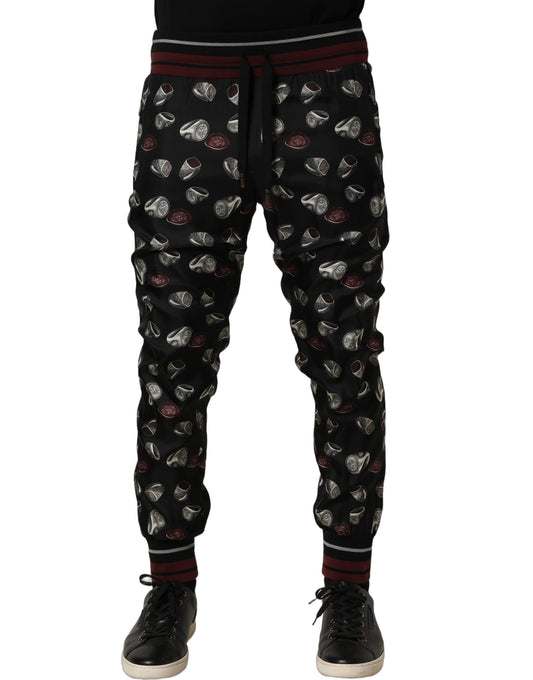 Dolce & Gabbana Pants Black Ring Print Silk Jogging Trousers
