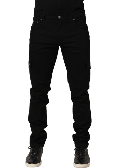 Jeans by Dolce & Gabbana for men in stretch denim cotton black & signature features an sartorial skinny and long with a cut for a sartorial finish.