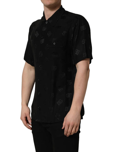 Dolce & Gabbana Men's Regular Fit Short-Sleeve Silk Shirt - Black Patterned Monogram