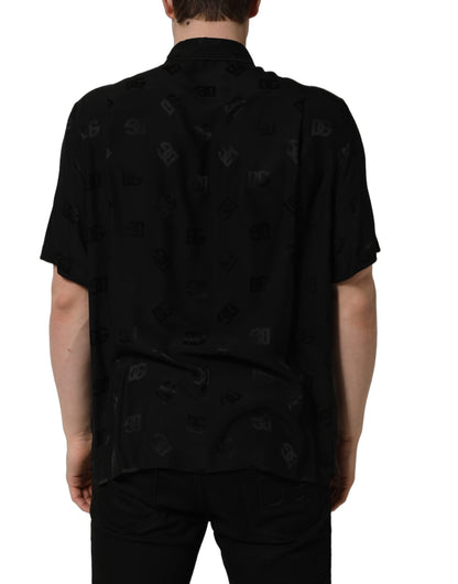 Dolce & Gabbana Men's Regular Fit Short-Sleeve Silk Shirt - Black Patterned Monogram