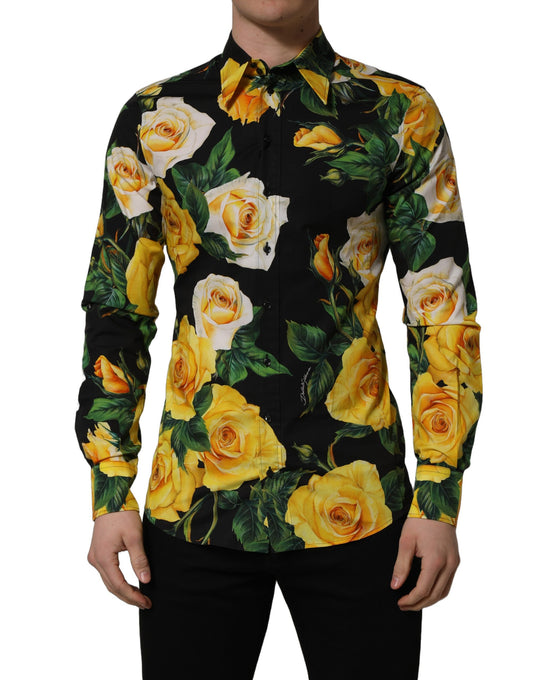 Dress Shirt by Dolce & Gabbana for men in stretch cotton black & floral showcases a sublime silhouette, artfully detailed with a sublime wrap neckline and long-sleeve for a sophisticated, sublime finish.