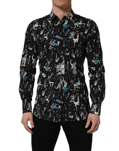 Dolce & Gabbana Men's Slim Long-Sleeve Cotton Dress Shirt - Black Gold Print