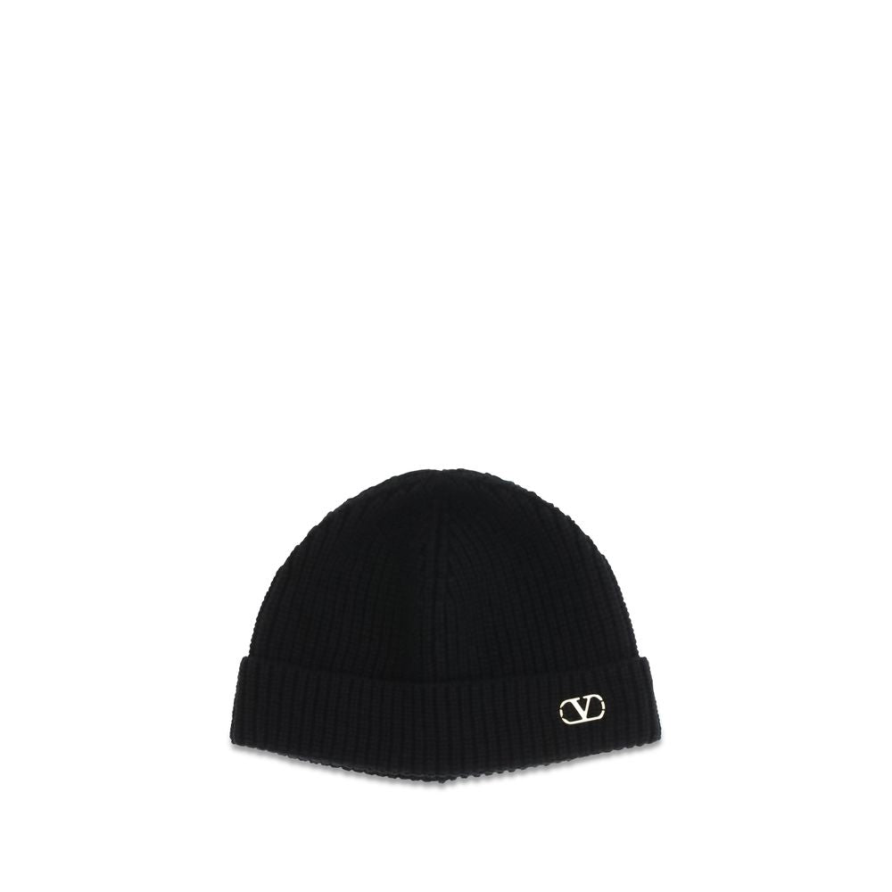 Beanie Hat by Valentino Garavani for men in cashmere & capra leather black & gold presents a sleek silhouette, showcasing the sleek texture and refined craftsmanship of the V Logo Cashmere & Capra Leather Beanie Hat collection.