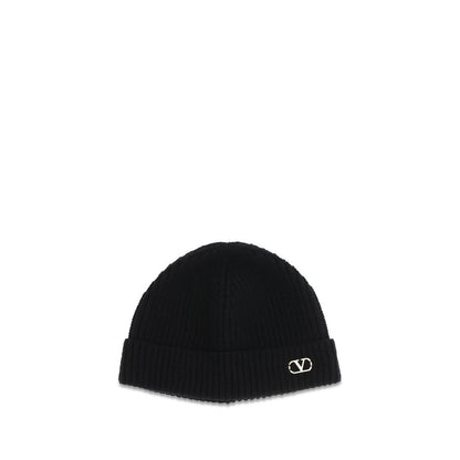 Beanie Hat by Valentino Garavani for men in cashmere & capra leather black & gold presents a sleek silhouette, showcasing the sleek texture and refined craftsmanship of the V Logo Cashmere & Capra Leather Beanie Hat collection.