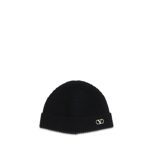 Beanie Hat by Valentino Garavani for men in cashmere & capra leather black & gold presents a sleek silhouette, showcasing the sleek texture and refined craftsmanship of the V Logo Cashmere & Capra Leather Beanie Hat collection.