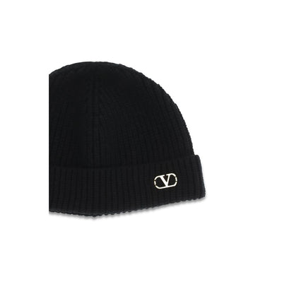 Beanie Hat by Valentino Garavani for men in cashmere & capra leather black & gold features a refined silhouette, showcasing the refined design of the V Logo Cashmere & Capra Leather Beanie Hat for a sophisticated look.