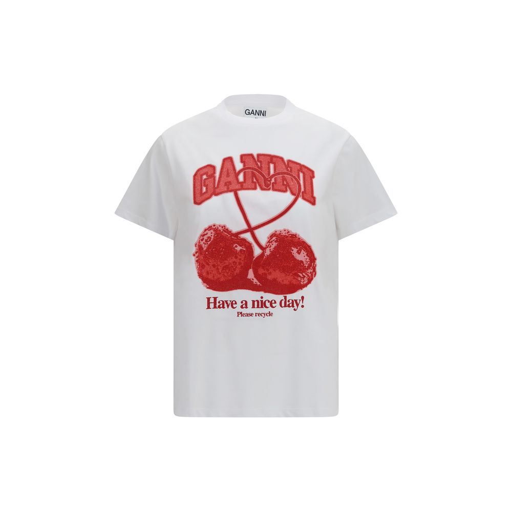 Sweatshirt by Ganni for women in cotton cherry, white & print features an provocated silhouette, detailed with a provocated short-sleeve and a refined round neckline for a sophisticated aesthetic.