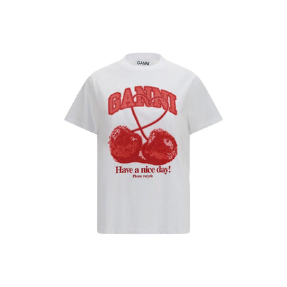 Sweatshirt by Ganni for women in cotton cherry, white & print features an provocated silhouette, detailed with a provocated short-sleeve and a refined round neckline for a sophisticated aesthetic.