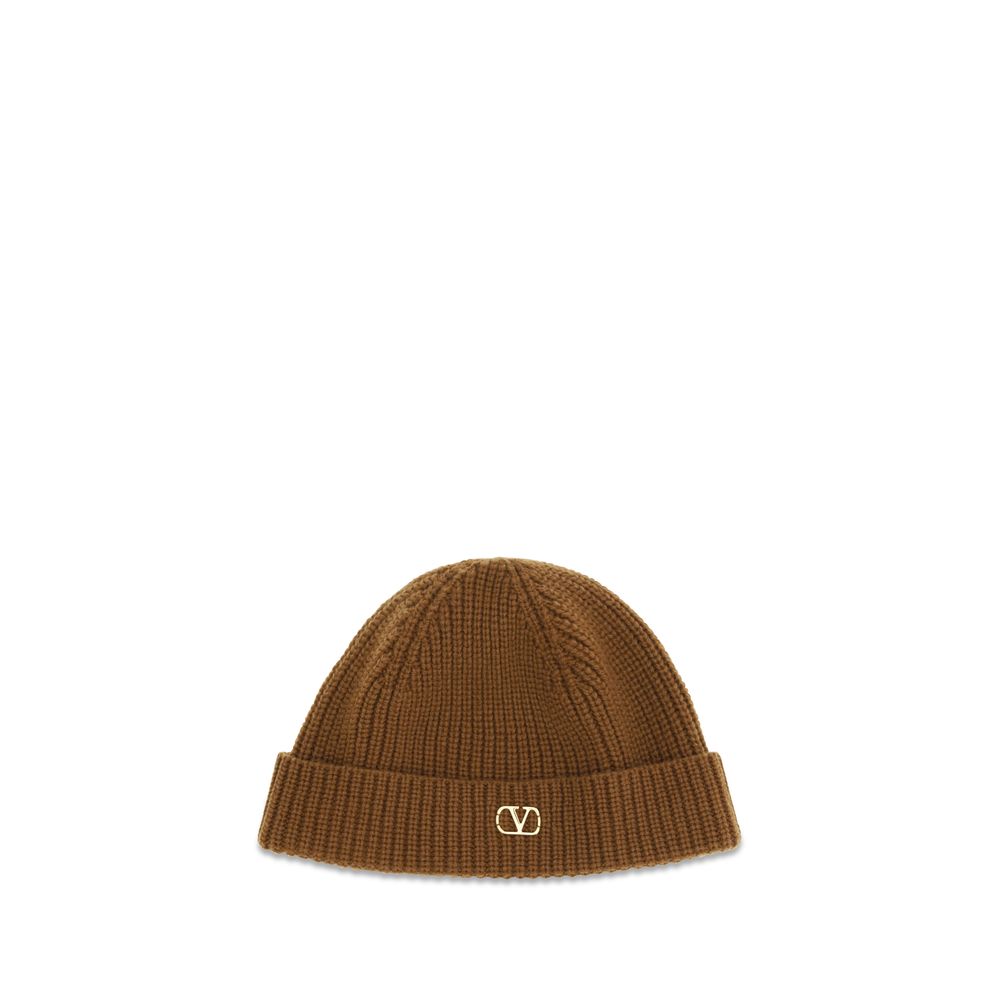 Beanie Hat by Valentino Garavani for men in cashmere & capra leather brown & gold features a refined silhouette, showcasing the refined design of the V Logo Cashmere & Capra Leather Beanie Hat for a sophisticated look.