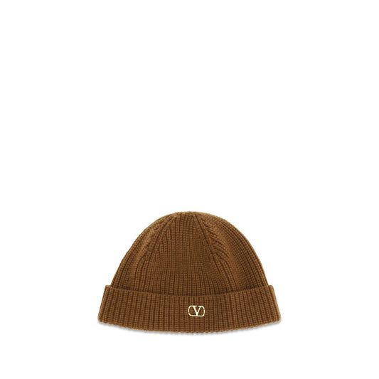 Beanie Hat by Valentino Garavani for men in cashmere & capra leather brown & gold features a refined silhouette, showcasing the refined design of the V Logo Cashmere & Capra Leather Beanie Hat for a sophisticated look.