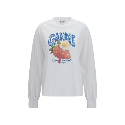 Sweatshirt by Ganni for women in cotton white & print presents a smart casual silhouette, featuring a smart casual round neckline and long-sleeve for a sophisticated look.