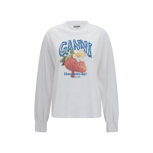 Sweatshirt by Ganni for women in cotton white & print presents a smart casual silhouette, featuring a smart casual round neckline and long-sleeve for a sophisticated look.