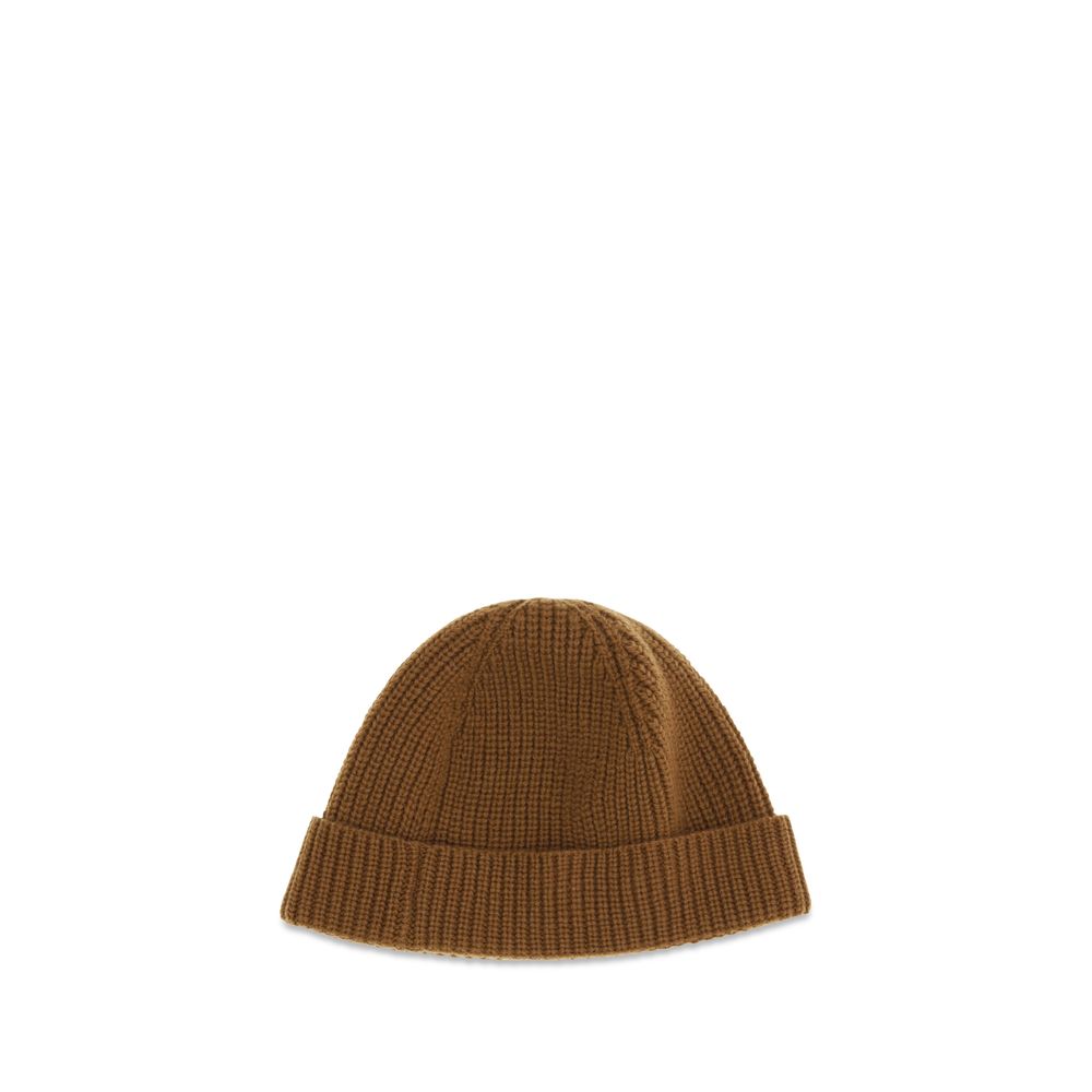 Beanie Hat by Valentino Garavani for men in cashmere & capra leather brown & gold features a distinguished knit construction, showcasing the sophisticated silhouette and distinguished finish of the V Logo Cashmere & Capra Leather Beanie Hat.