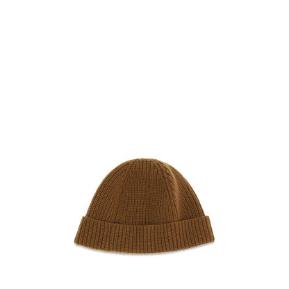 Beanie Hat by Valentino Garavani for men in cashmere & capra leather brown & gold features a distinguished knit construction, showcasing the sophisticated silhouette and distinguished finish of the V Logo Cashmere & Capra Leather Beanie Hat.