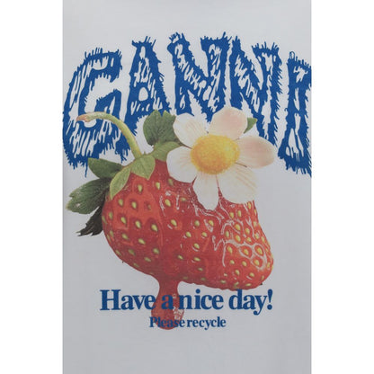 Sweatshirt by Ganni for women in cotton white & print showcases a slouchy chic silhouette, artfully detailed with a slouchy chic round neckline and for a slouchy chic finish.