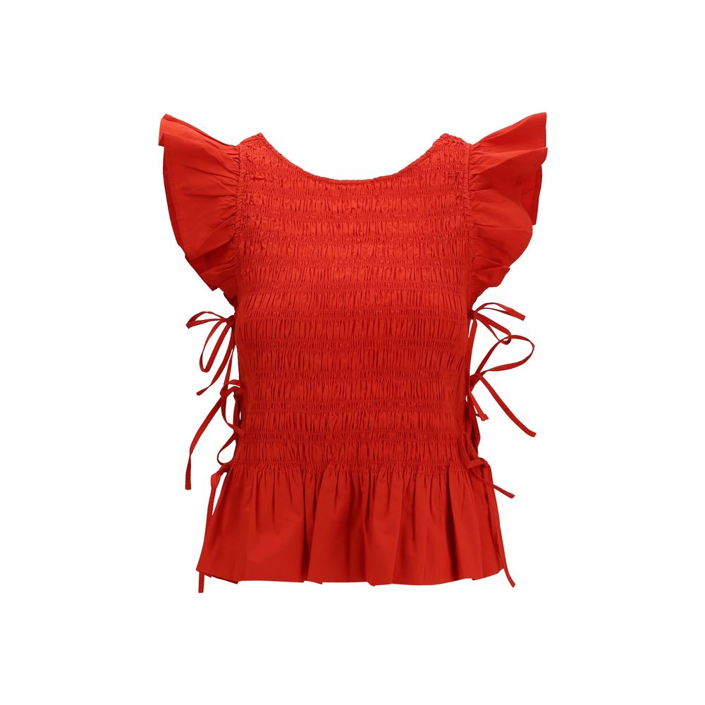 Blouse by Ganni for women in stretch cotton multicolor features an architectural silhouette with a refined and elegant round neckline for a architectural look.