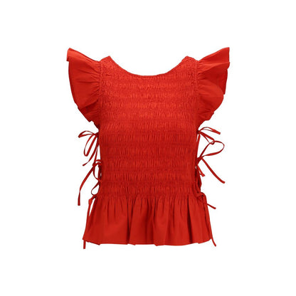 Blouse by Ganni for women in stretch cotton multicolor features an architectural silhouette with a refined and elegant round neckline for a architectural look.