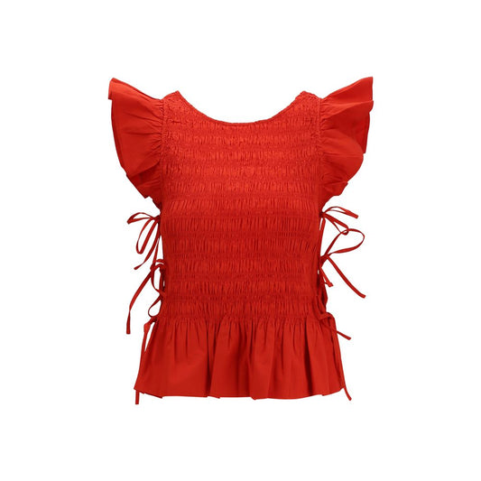 Blouse by Ganni for women in stretch cotton multicolor features an architectural silhouette with a refined and elegant round neckline for a architectural look.