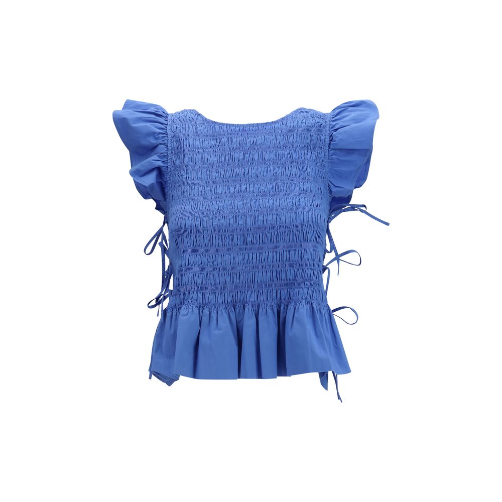 Blouse by Ganni for women in stretch cotton blue showcases a sleek silhouette, elegantly detailed with a sleek round neckline and for a sleek finish.