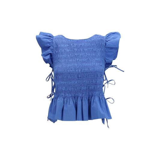 Blouse by Ganni for women in stretch cotton blue showcases a sleek silhouette, elegantly detailed with a sleek round neckline and for a sleek finish.