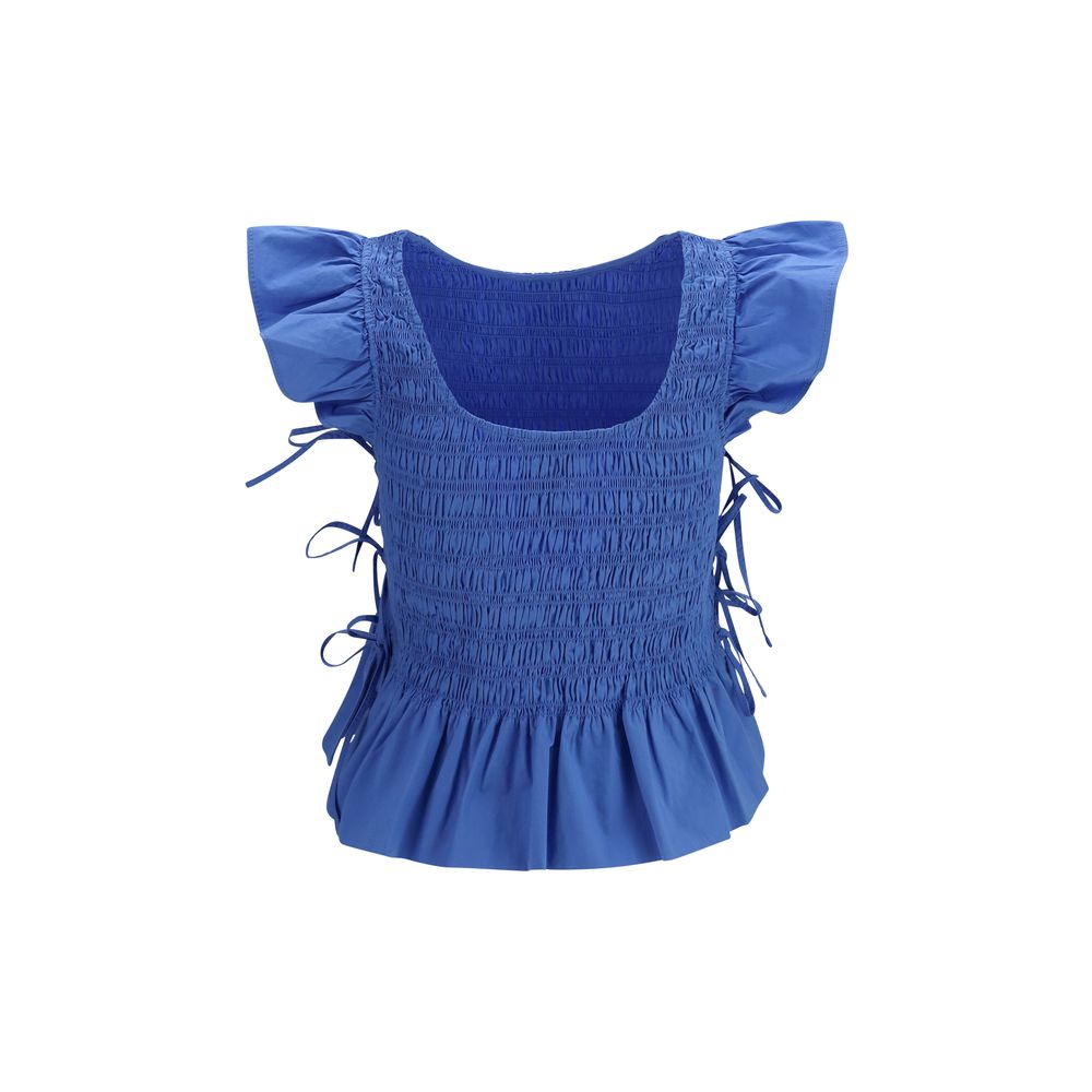 Blouse by Ganni for women in stretch cotton blue features an polished silhouette, showcasing a sophisticated round neckline and detail for a truly polished finish.
