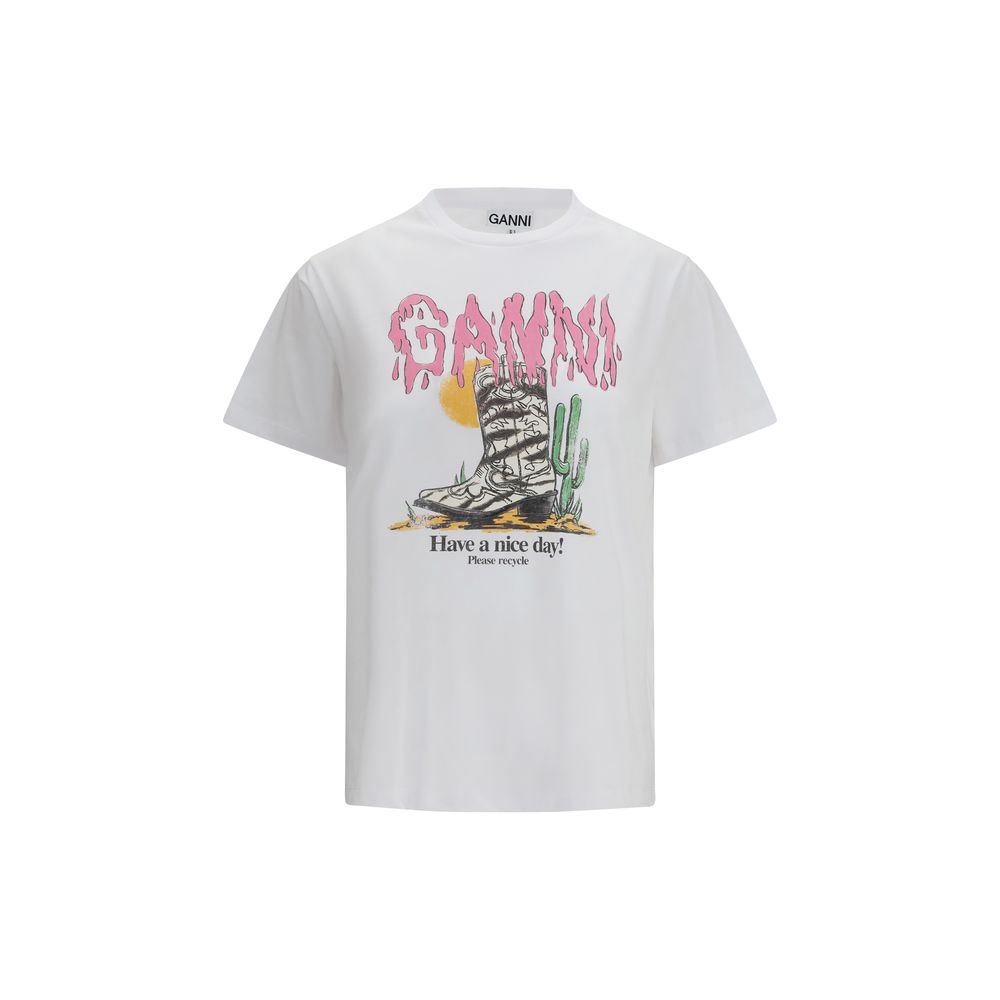 T-Shirt by Ganni for women in cotton white & print features an edgy silhouette, meticulously detailed with a sophisticated short-sleeve and round neckline for a truly edgy finish.