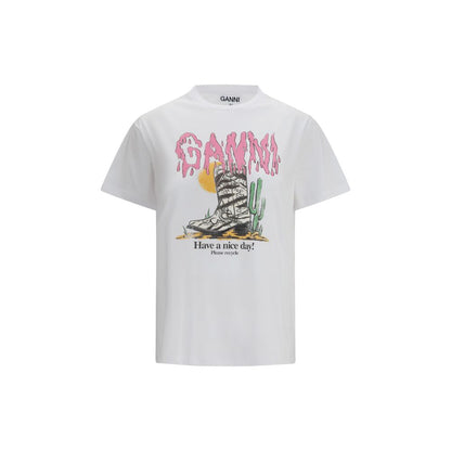 T-Shirt by Ganni for women in cotton white & print features an edgy silhouette, meticulously detailed with a sophisticated short-sleeve and round neckline for a truly edgy finish.