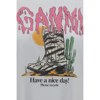 T-Shirt by Ganni for women in cotton white & print showcases a unassuming silhouette, artfully detailed with a refined round neckline and unassuming for a sophisticated, contemporary look.