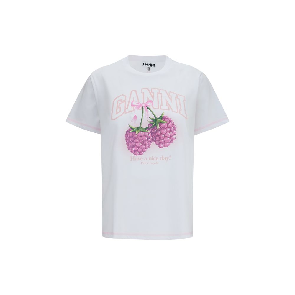 T-Shirt by Ganni for women in cotton cherry, raspberry, white & print showcases a unassuming silhouette, artfully detailed with a refined round neckline and unassuming short-sleeve for a sophisticated, contemporary look.
