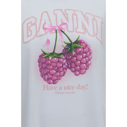 T-Shirt by Ganni for women in cotton cherry, raspberry, white & print features a plush silhouette, showcasing a sophisticated round neckline and for a truly plush finish.