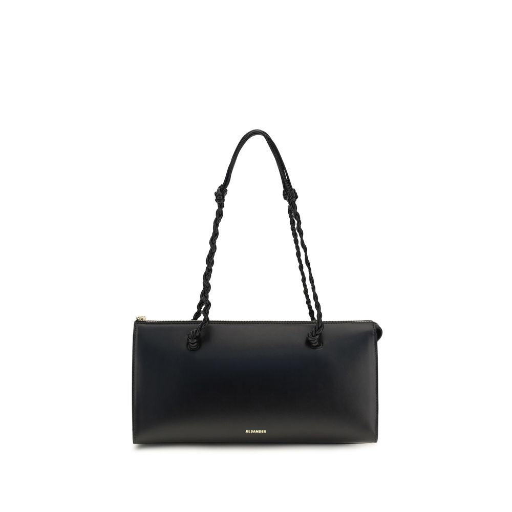 Shoulder Handbag by Jil Sander for women in bos taurus calf leather black, gold & signature features an refined silhouette, showcasing a secure zipper, ample , and versatile shoulder-strap & handle for a sophisticated refined aesthetic.