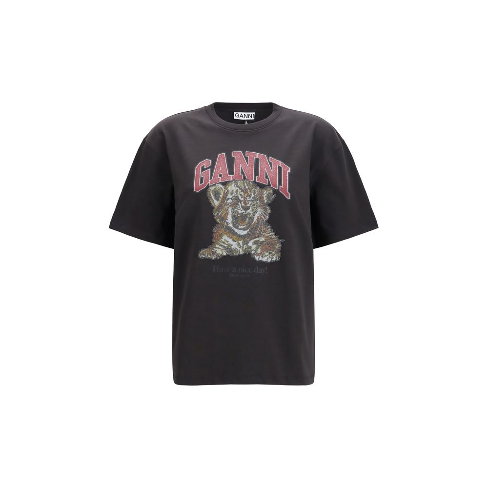 Sweatshirt by Ganni for women in cotton black & print showcases a slouchy chic silhouette, artfully detailed with a slouchy chic round neckline and short-sleeve for a slouchy chic finish.
