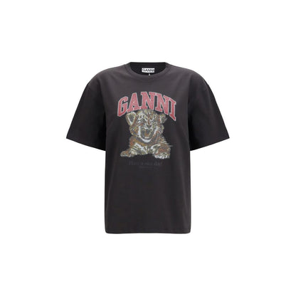 Sweatshirt by Ganni for women in cotton black & print showcases a slouchy chic silhouette, artfully detailed with a slouchy chic round neckline and short-sleeve for a slouchy chic finish.