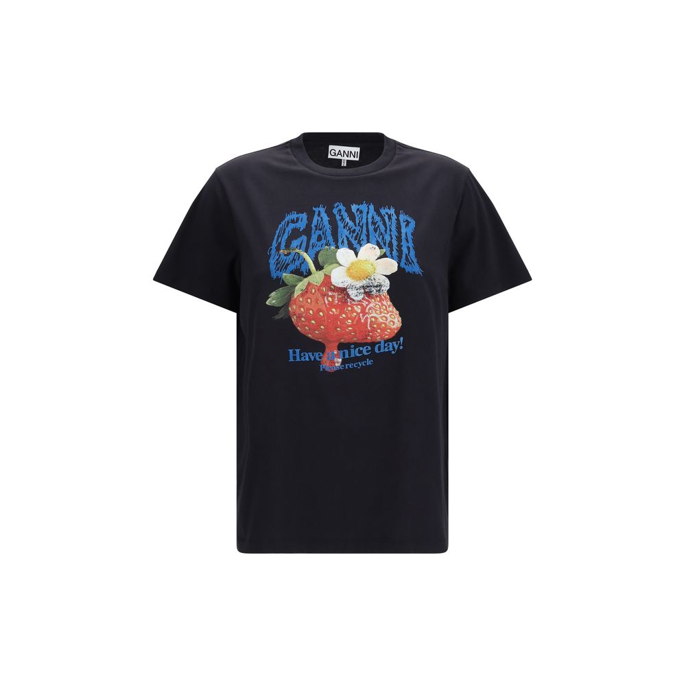 T-Shirt by Ganni for women in cotton black & print showcases a chic silhouette, artfully detailed with a chic round neckline and short-sleeve for a chic finish.