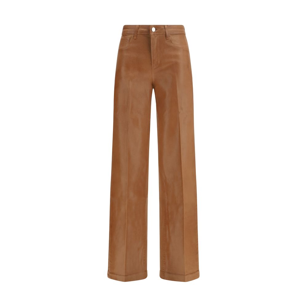 Jeans by L'Agence for women in stretch denim cotton beige features a polished silhouette with a polished regular-fit & wide, reaching a polished long and finished with a polished high rise.