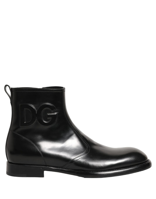 Dolce & Gabbana Black Leather Embossed Logo Ankle Boots Shoes