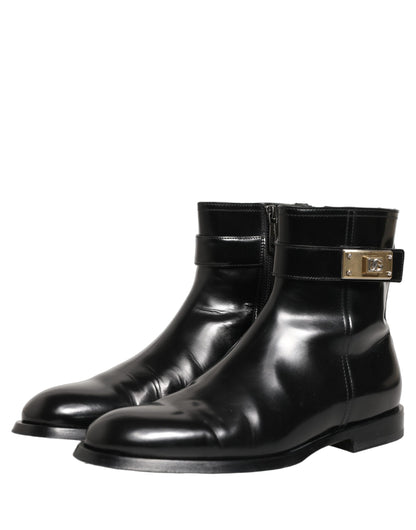 Dolce & Gabbana Black Leather Logo Buckle Mid Calf Boots Shoes